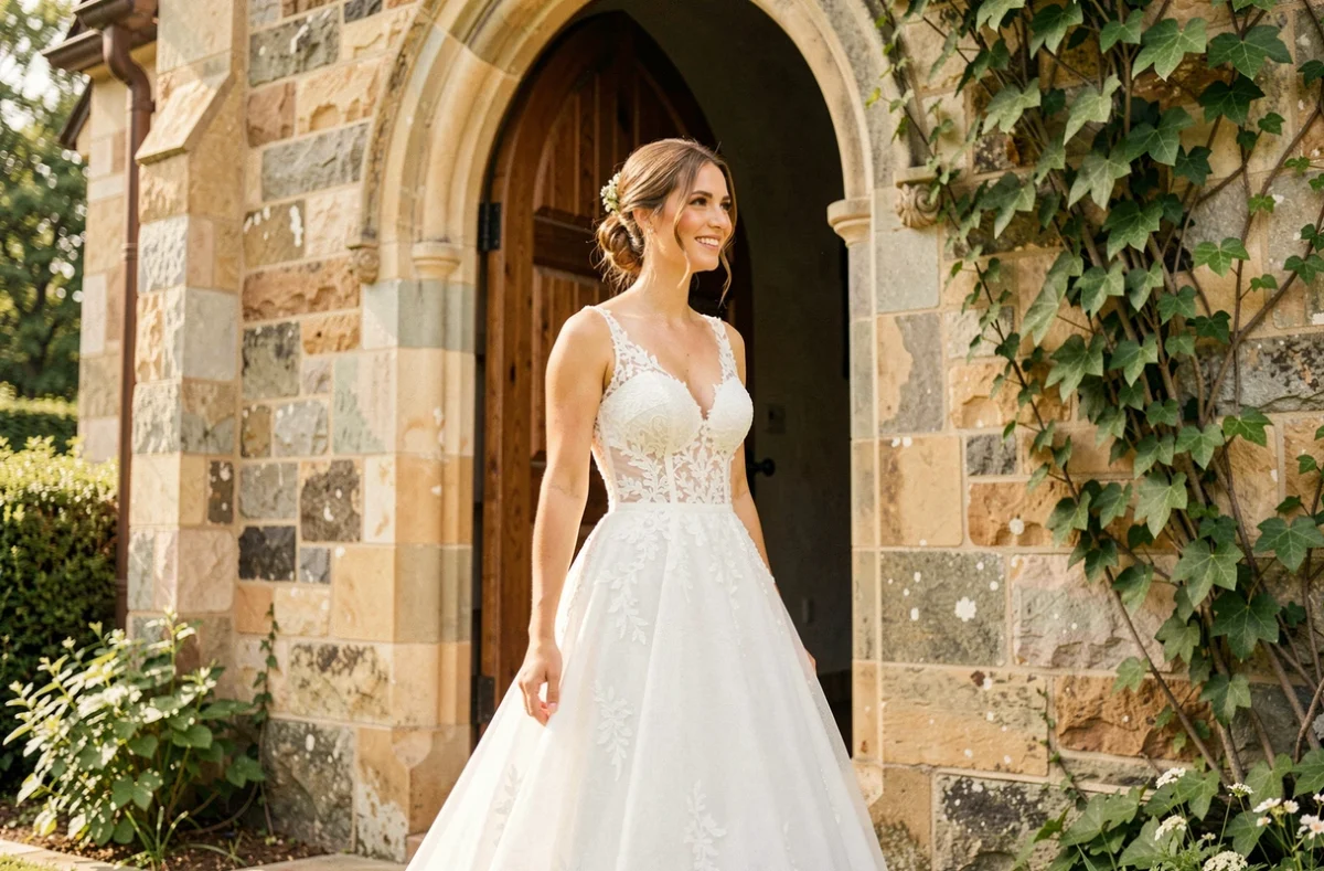 Mariée en robe de dentelle blanche devant une chapelle en pierre, souriant avec élégance lors d'une cérémonie de mariage