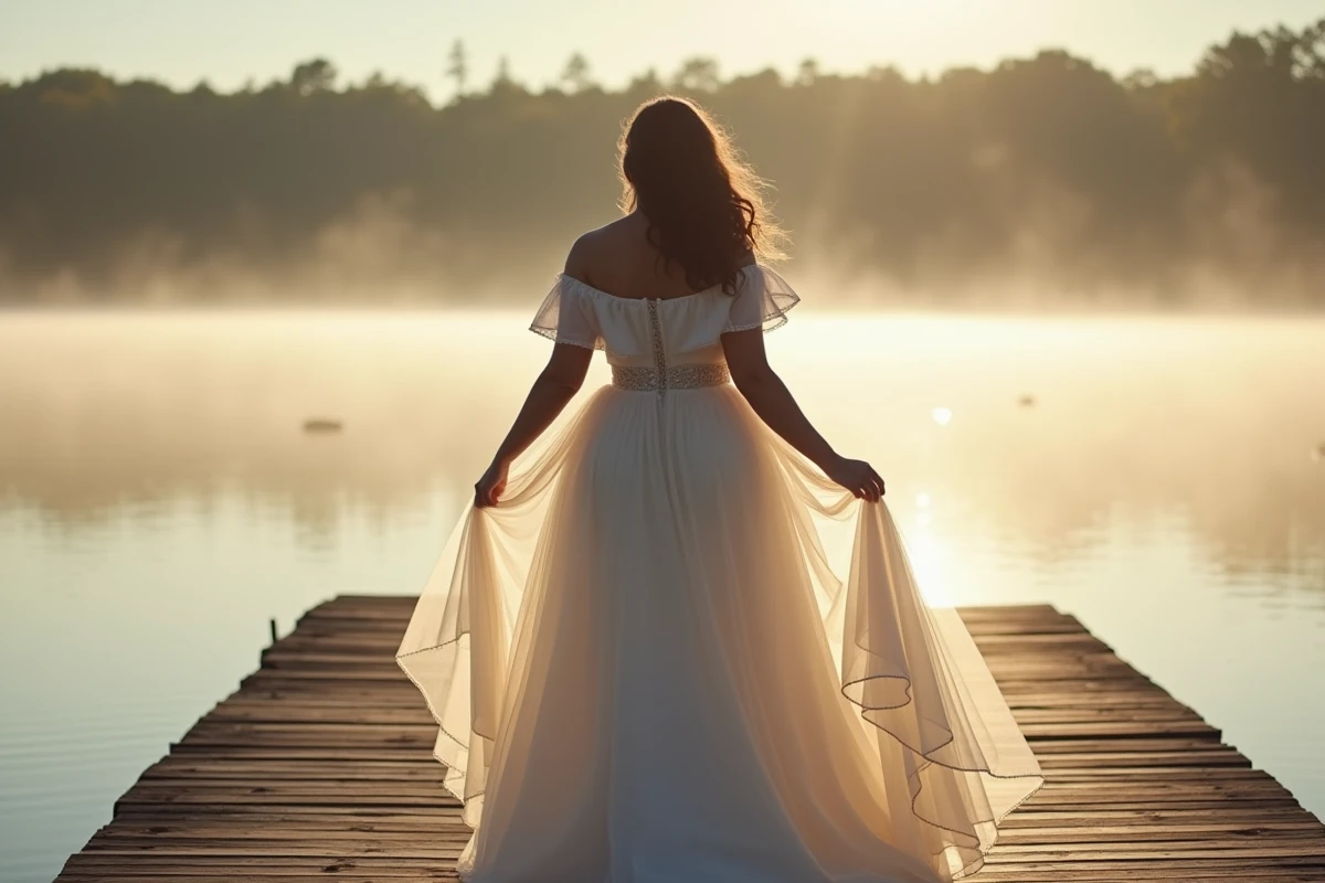 Mariée ronde de dos en robe de bal à jupe volumineuse sur un ponton au bord d'un lac, silhouette majestueuse mise en valeur