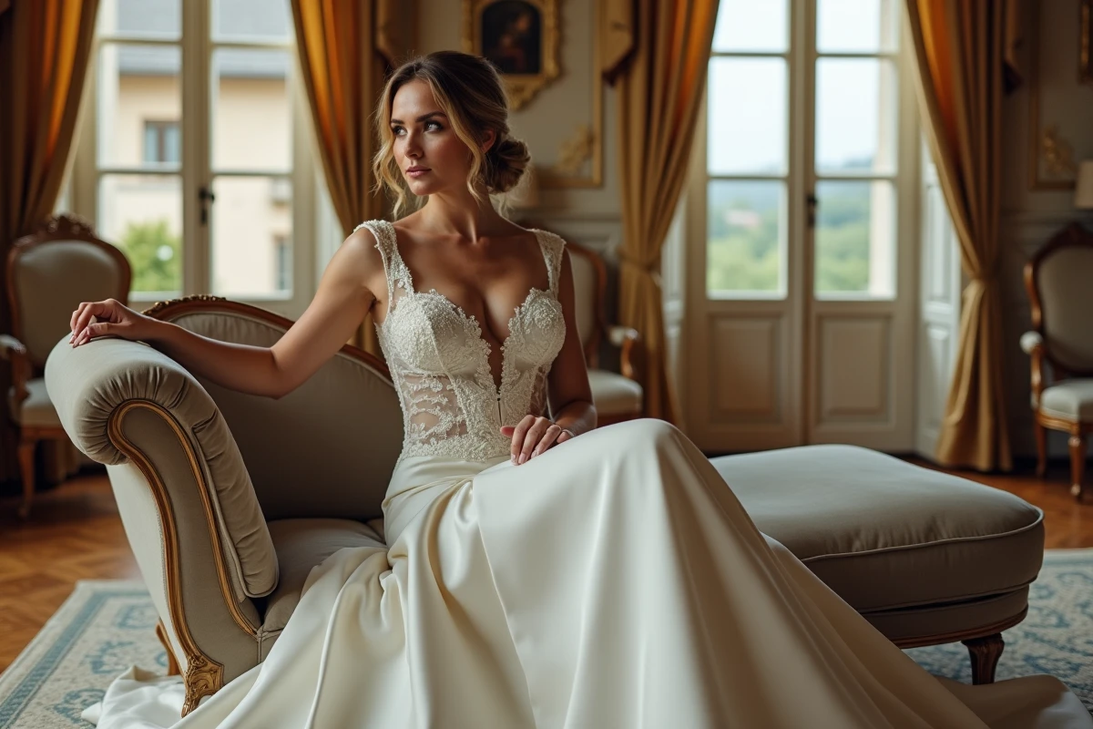 Mariée ronde en robe sirène assise dans un château français, pose élégante valorisant la silhouette en robe de mariée structurée