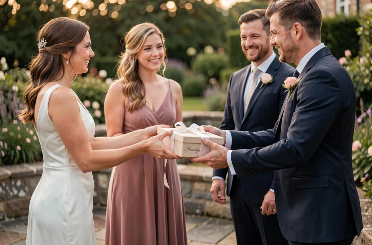 Mariés offrant leurs cadeaux à leurs témoins homme et femme sur la terrasse d'un domaine de mariage