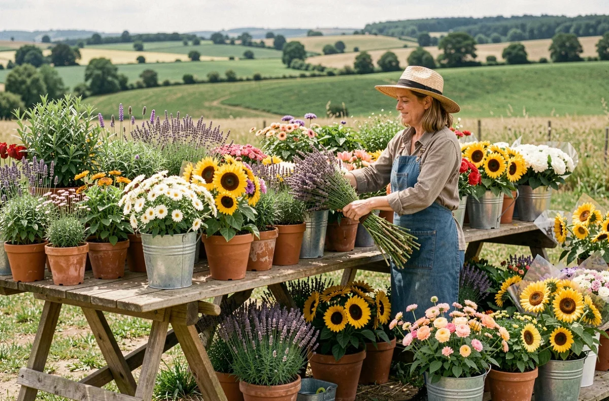 May Jardinerie Fleuriste - fleuriste en tablier denim arrangeant des tournesols et lavande dans un stand de marché floral en Aquitaine