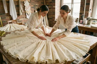Femme examinant une robe de mariée meringue vintage dans un atelier de couture parisien avec des échantillons de tissus et des accessoires de couture