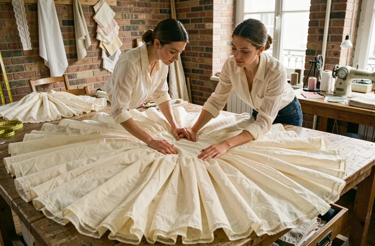 Femme examinant une robe de mariée meringue vintage dans un atelier de couture parisien avec des échantillons de tissus et des accessoires de couture