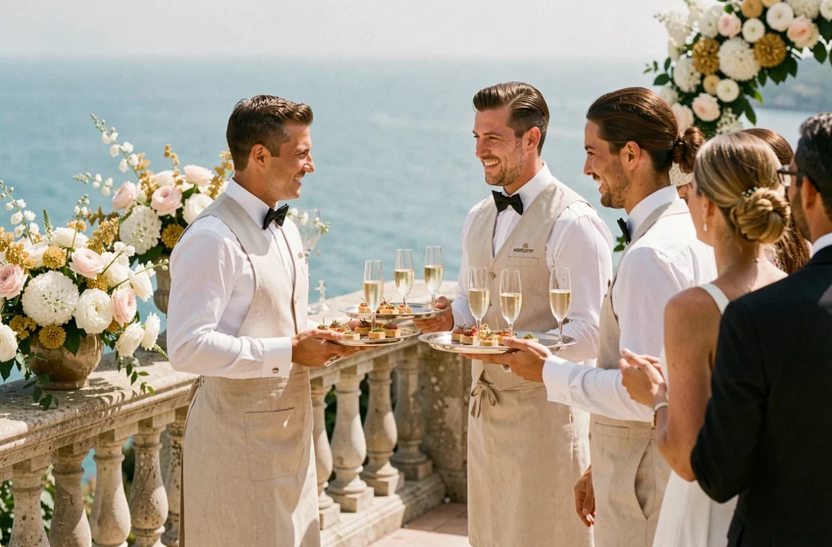 Service cocktail haut de gamme de Mondello Hospitality sur une terrasse de la Côte d'Azur avec vue sur la mer et présentation de canapés