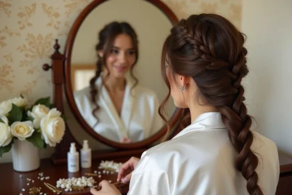 Femme se coiffant seule une natte mariage élégante devant un miroir de coiffeuse avec accessoires de coiffure