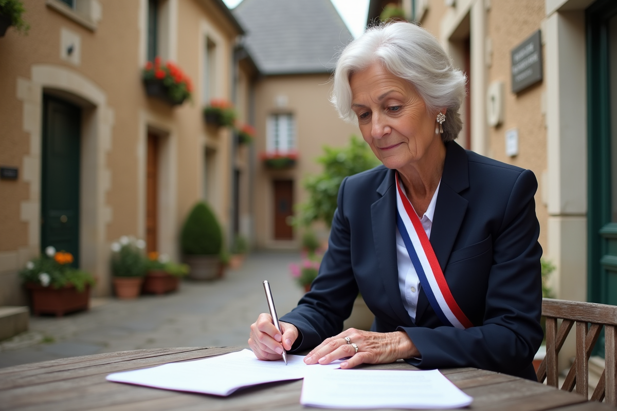 Officielle municipale prépare documents mariage en village