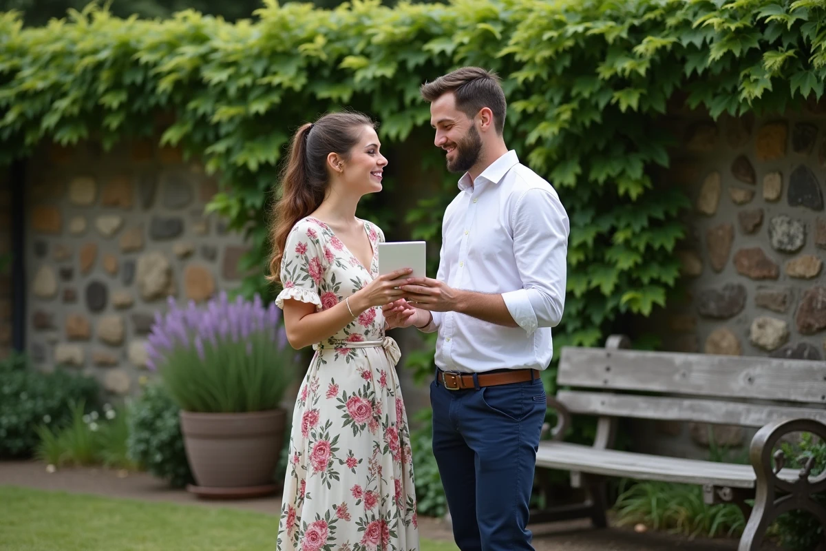 Couple dans un jardin, l'homme offrant une carte manuscrite &agrave; sa femme pour leur 2 ans de mariage