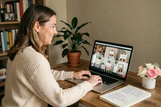 Femme organisant une surprise de mariage à distance via appel vidéo avec des invités dispersés