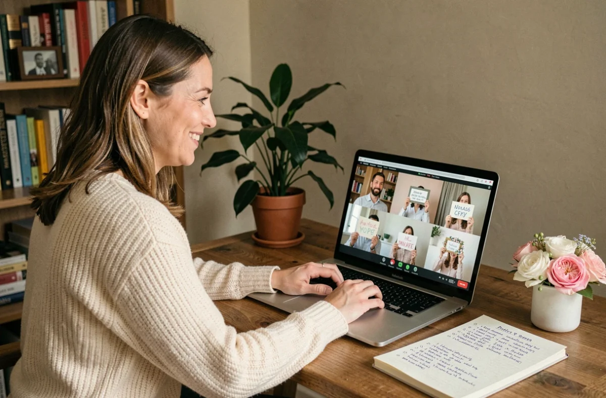 Femme organisant une surprise de mariage à distance via appel vidéo avec des invités dispersés