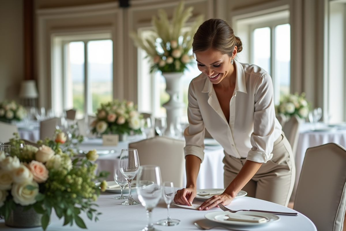 Femme organisant la décoration de la table de mariage