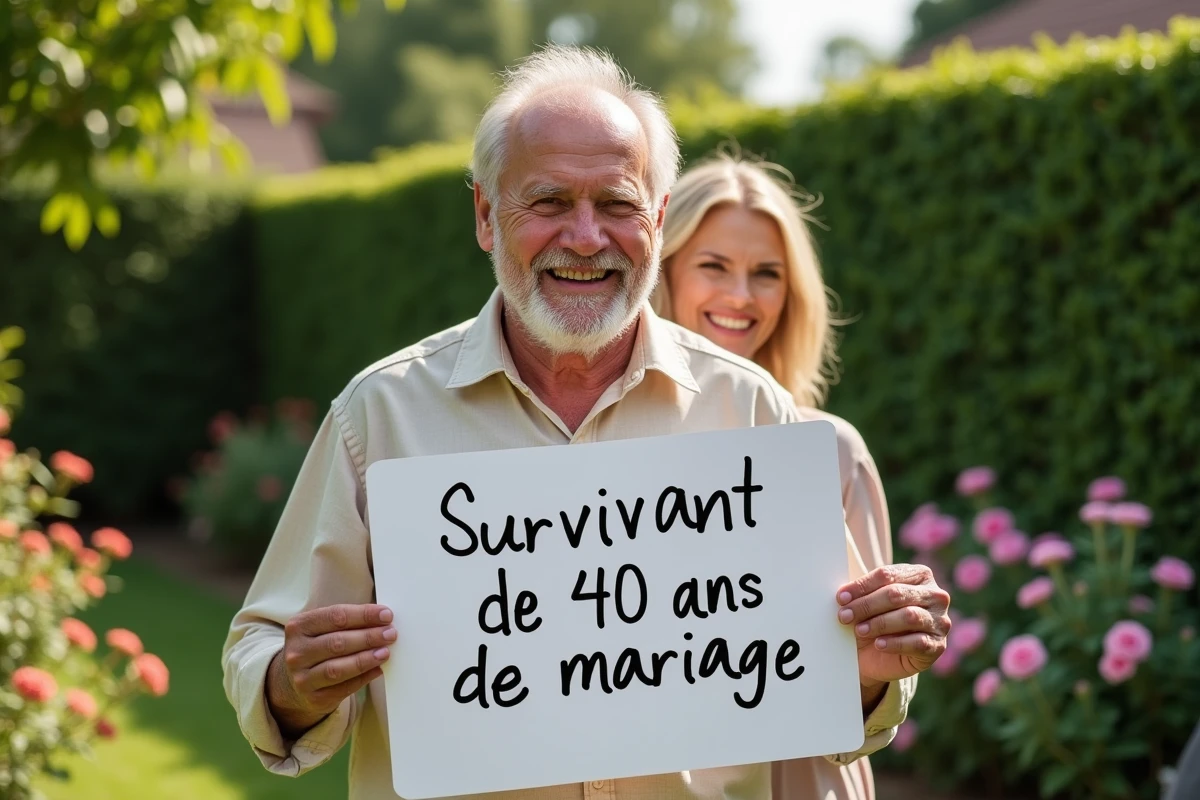 Mari souriant tenant une pancarte humoristique pour ses 40 ans de mariage dans un jardin fleuri