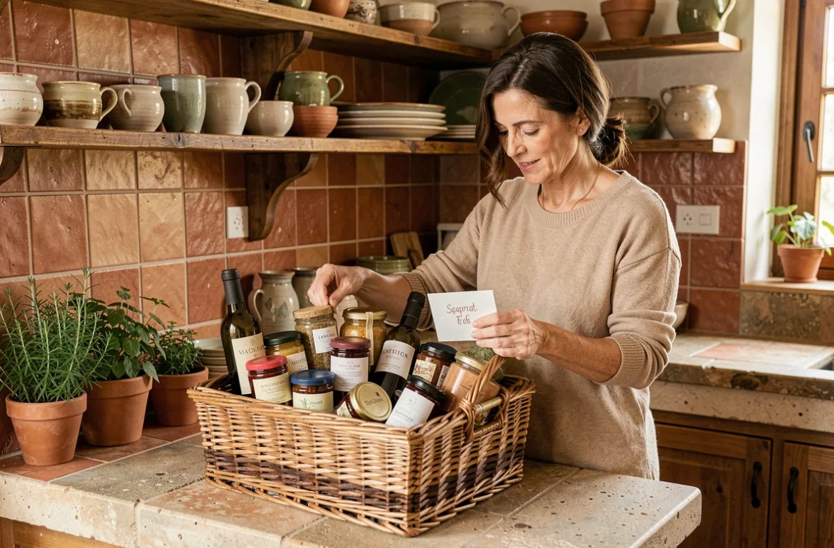 Panier cadeau artisanal et personnalisé pour célébrer un PACS dans une cuisine campagnarde française