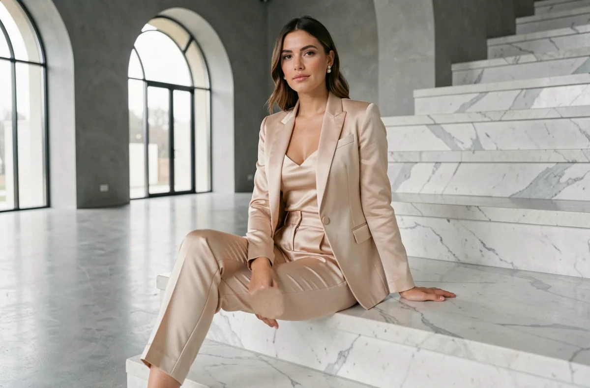 Femme mariée en pantalon satin champagne et blazer structuré assise sur un escalier en marbre blanc, tenue de mariée moderne et élégante