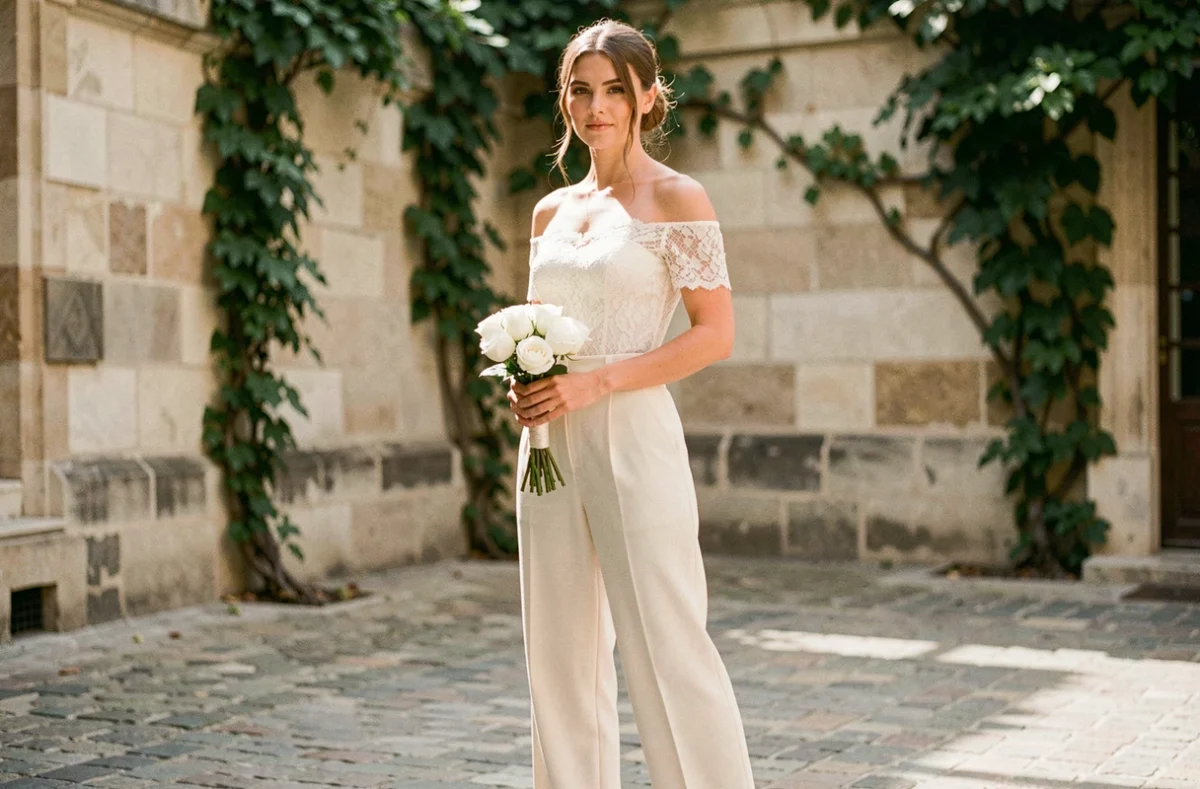 Femme en pantalon large ivoire de mariée avec blouse en dentelle dans une cour parisienne, silhouette élégante pour mariage civil