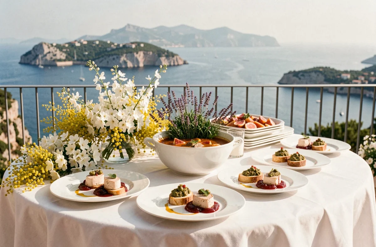 Table traiteur de Parfums et Saveurs dressée sur une terrasse à Cannes avec spécialités régionales florales et vue sur la baie de Cannes