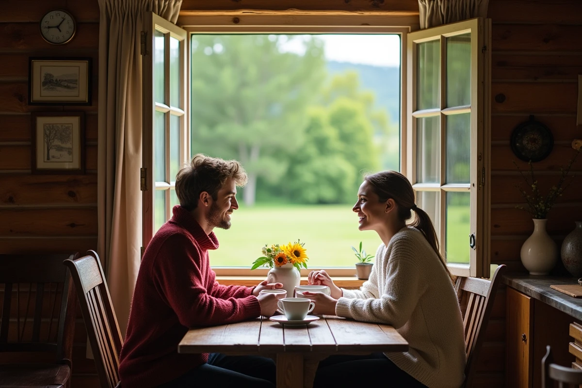 Couple partageant un petit déjeuner dans une ambiance champêtre