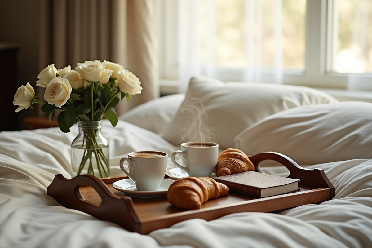 Petit déjeuner sur lit avec café croissants et livre en cuir