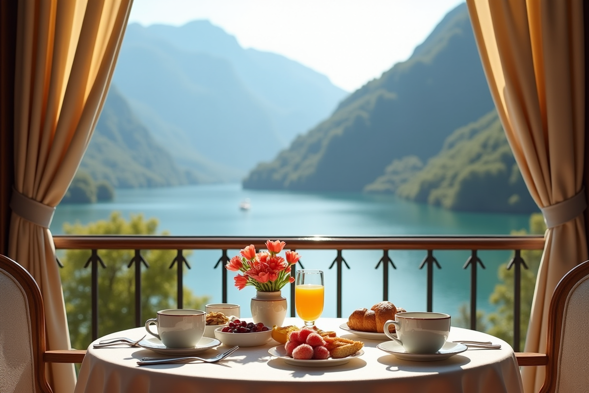 Petit déjeuner romantique avec vue sur lac de montagne au matin
