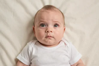 Photo d'identité officielle d'un bébé de 3 mois en studio photographique professionnel sur fond blanc