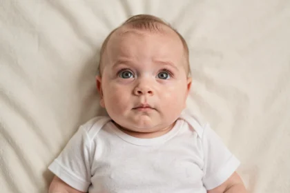 Photo d'identité officielle d'un bébé de 3 mois en studio photographique professionnel sur fond blanc