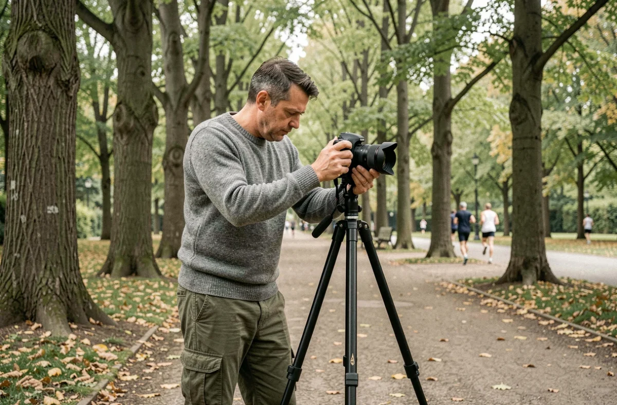 Photographe installant son trépied dans le Bois de Vincennes pour une séance photo en plein air