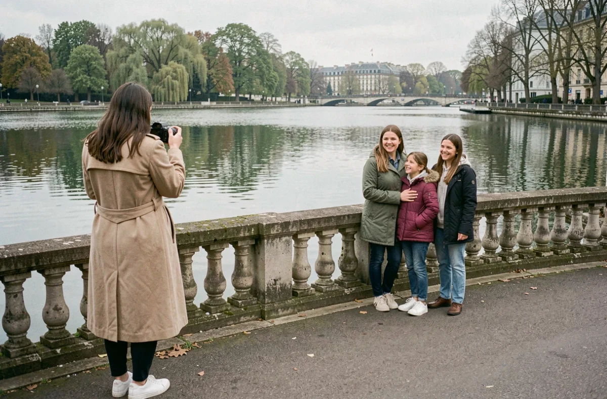 Photographe de famille en train de réaliser un reportage au bord du lac de Vincennes