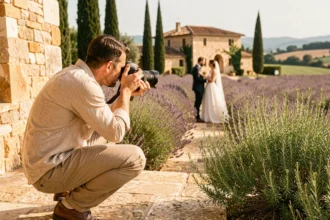 Photographe de mariage en plein travail dans un paysage provençal des Bouches-du-Rhône avec lavande et mas en arrière-plan
