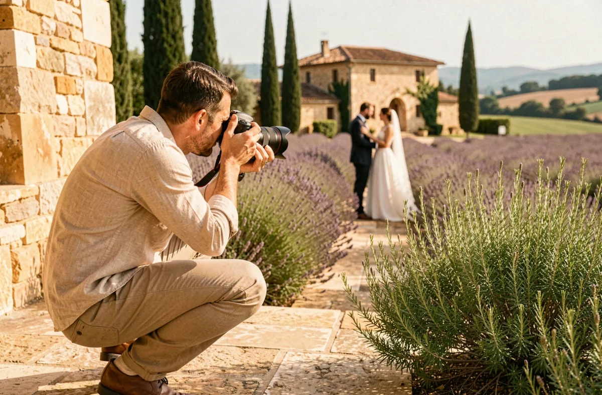 Photographe de mariage en plein travail dans un paysage provençal des Bouches-du-Rhône avec lavande et mas en arrière-plan