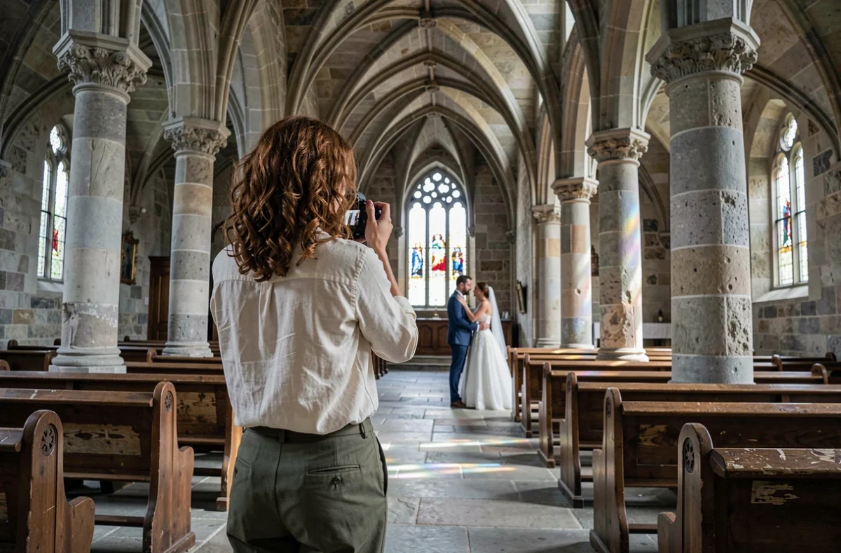 Photographe de mariage en action dans une église bretonne historique de la région de Redon