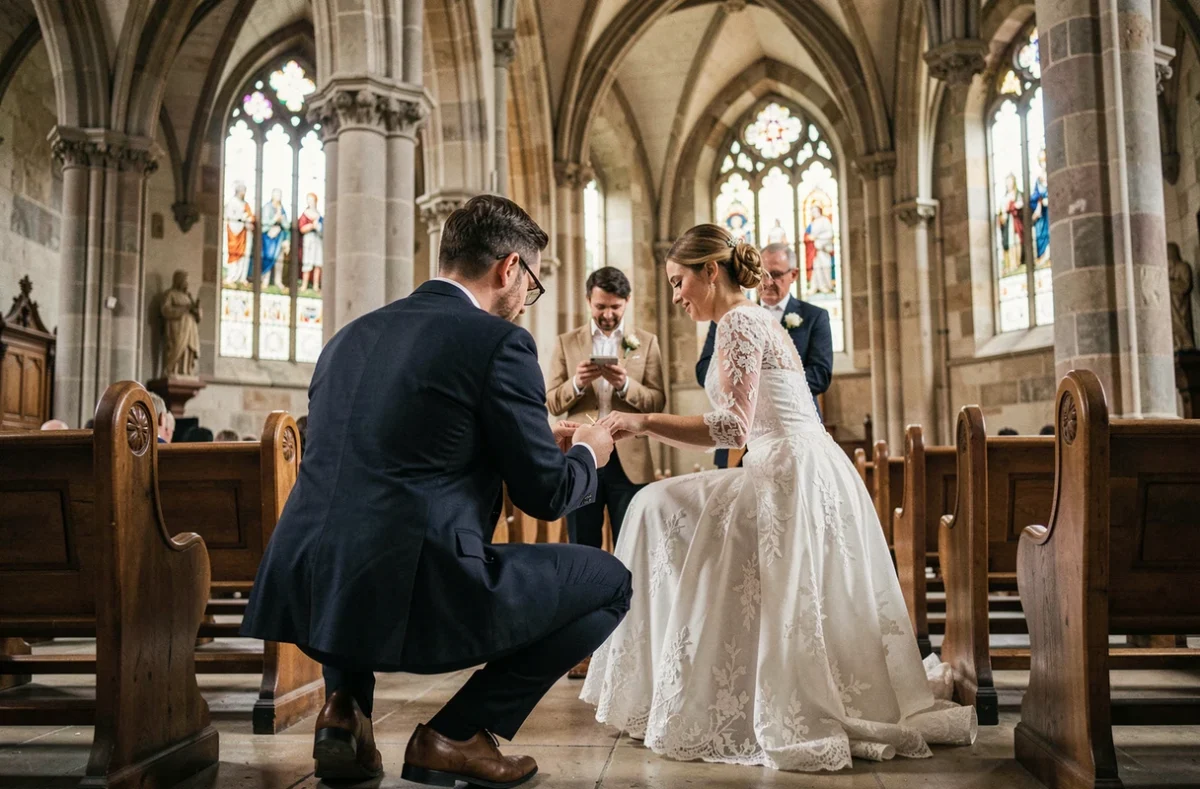 Photographe de mariage en action dans la collégiale Saint-Vulfran d'Abbeville pendant la cérémonie