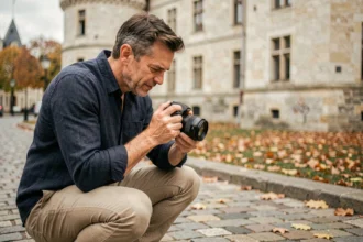 Photographe de mariage professionnel consultant ses photos devant le Château des Ducs de Bretagne à Nantes
