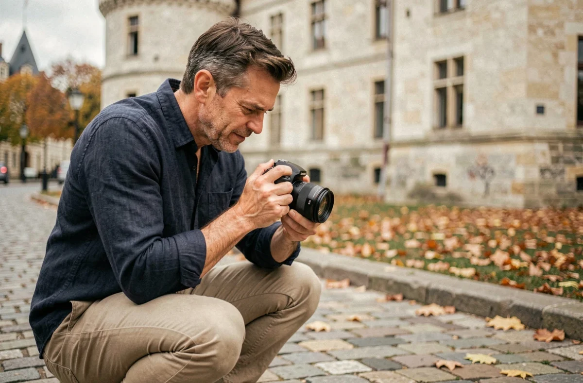 Photographe de mariage professionnel consultant ses photos devant le Château des Ducs de Bretagne à Nantes