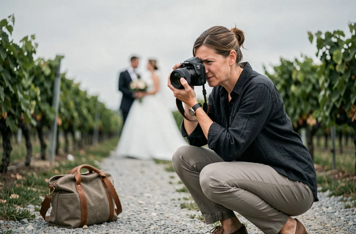 Photographe de mariage professionnelle en action lors d'une séance photo dans les vignes près de Bourges
