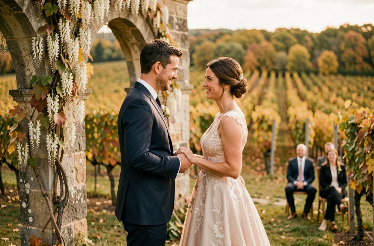 Couple de mariés devant des rangées de vignes à Villenave-d'Ornon lors de leur cérémonie en plein air