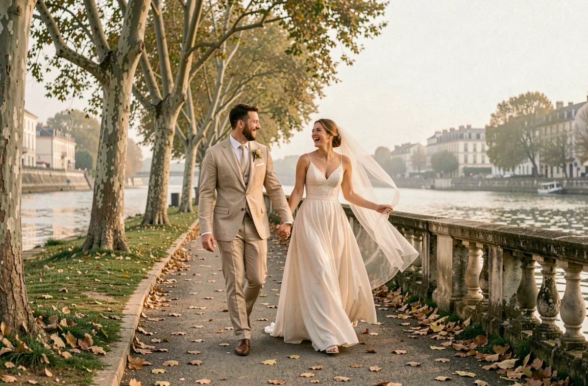 Couple de jeunes mariés se promenant au bord de la Garonne près de Villenave-d'Ornon après la cérémonie