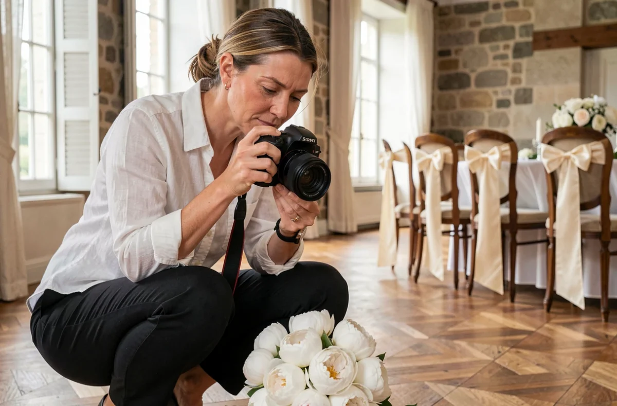 Photographe de mariage professionnelle en action dans un château de la région de Villenave-d'Ornon en Gironde