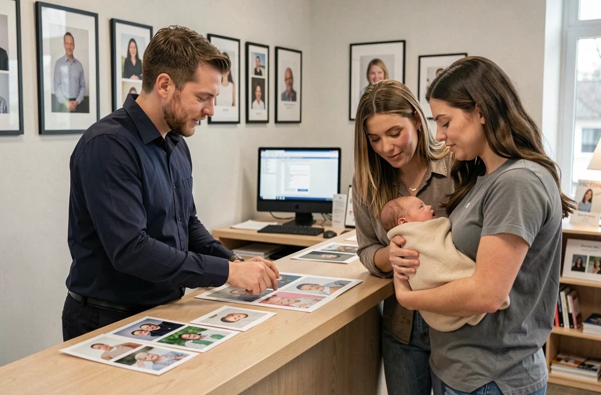 Photographe présentant des photos d'identité bébé imprimées à des parents en studio professionnel