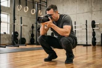 Photographe professionnel en action dans une salle de CrossFit moderne, accroupi sur le parquet avec son appareil photo reflex