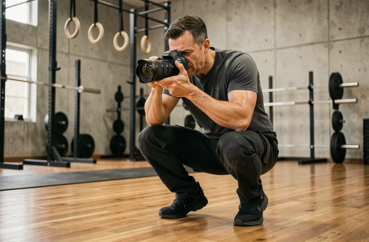Photographe professionnel en action dans une salle de CrossFit moderne, accroupi sur le parquet avec son appareil photo reflex