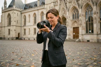 Photographe professionnelle devant la mairie d'Abbeville ajustant son appareil photo reflex