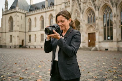 Photographe professionnelle devant la mairie d'Abbeville ajustant son appareil photo reflex