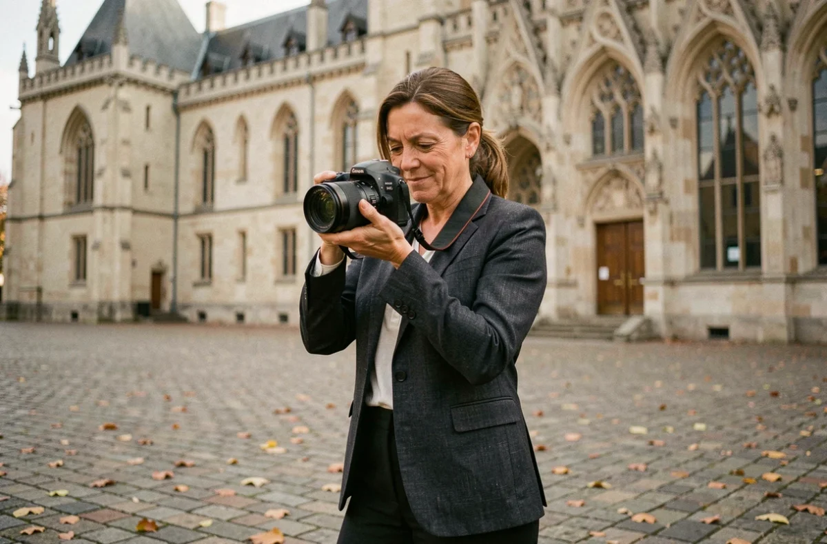 Photographe professionnelle devant la mairie d'Abbeville ajustant son appareil photo reflex