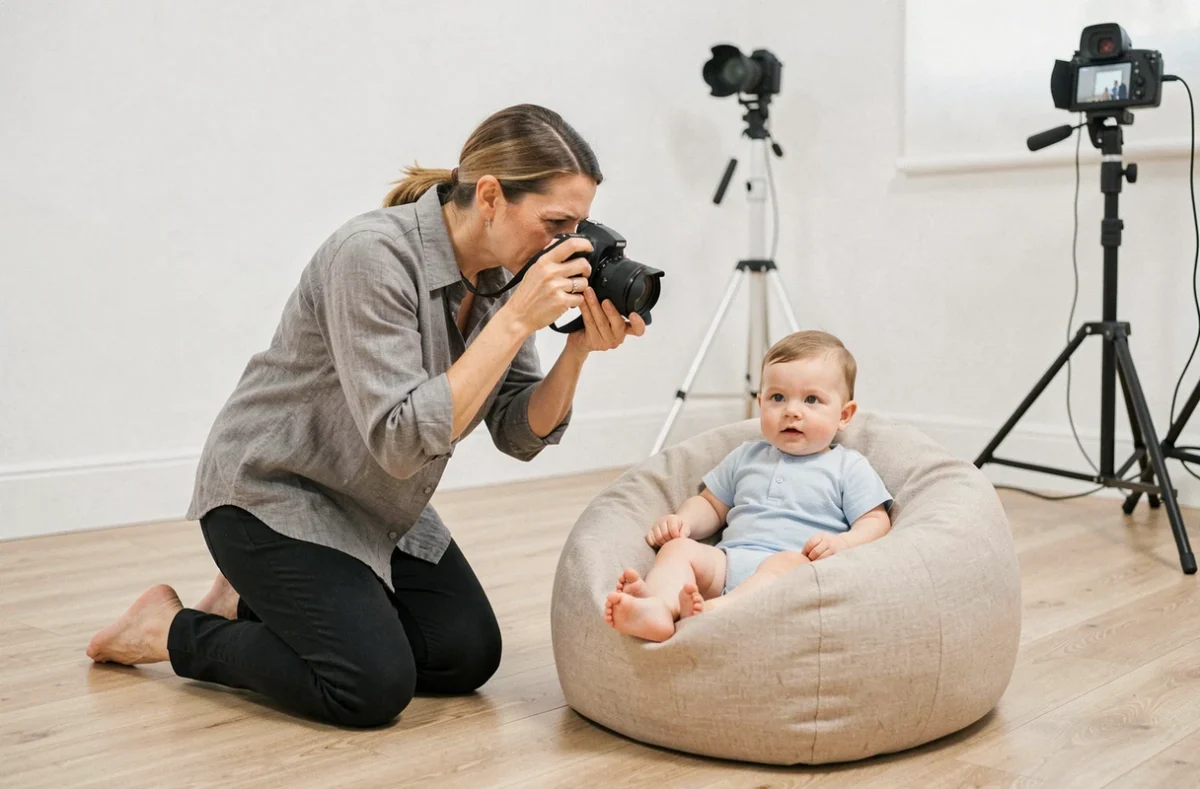 Photographe professionnelle prenant une photo d'identité d'un bébé de 6 mois dans un studio adapté aux enfants