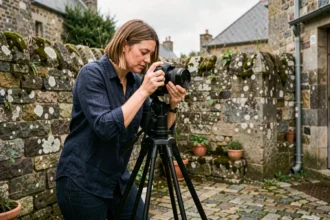 Photographe professionnelle ajustant son appareil photo sur trépied dans une cour en pierre bretonne à Redon