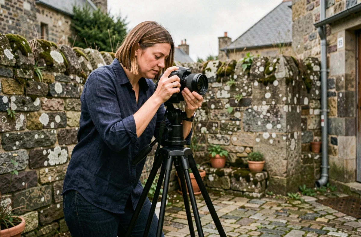 Photographe professionnelle ajustant son appareil photo sur trépied dans une cour en pierre bretonne à Redon