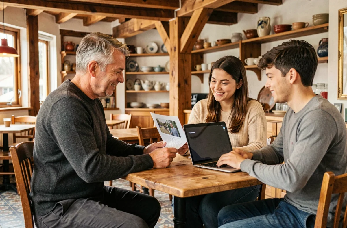 Photographe consultant présentant son portfolio à un couple dans un café chaleureux de Redon