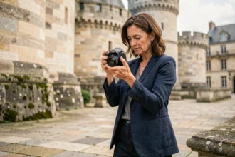 Photographe professionnelle devant le Château de Vincennes consultant son appareil photo lors d'une séance