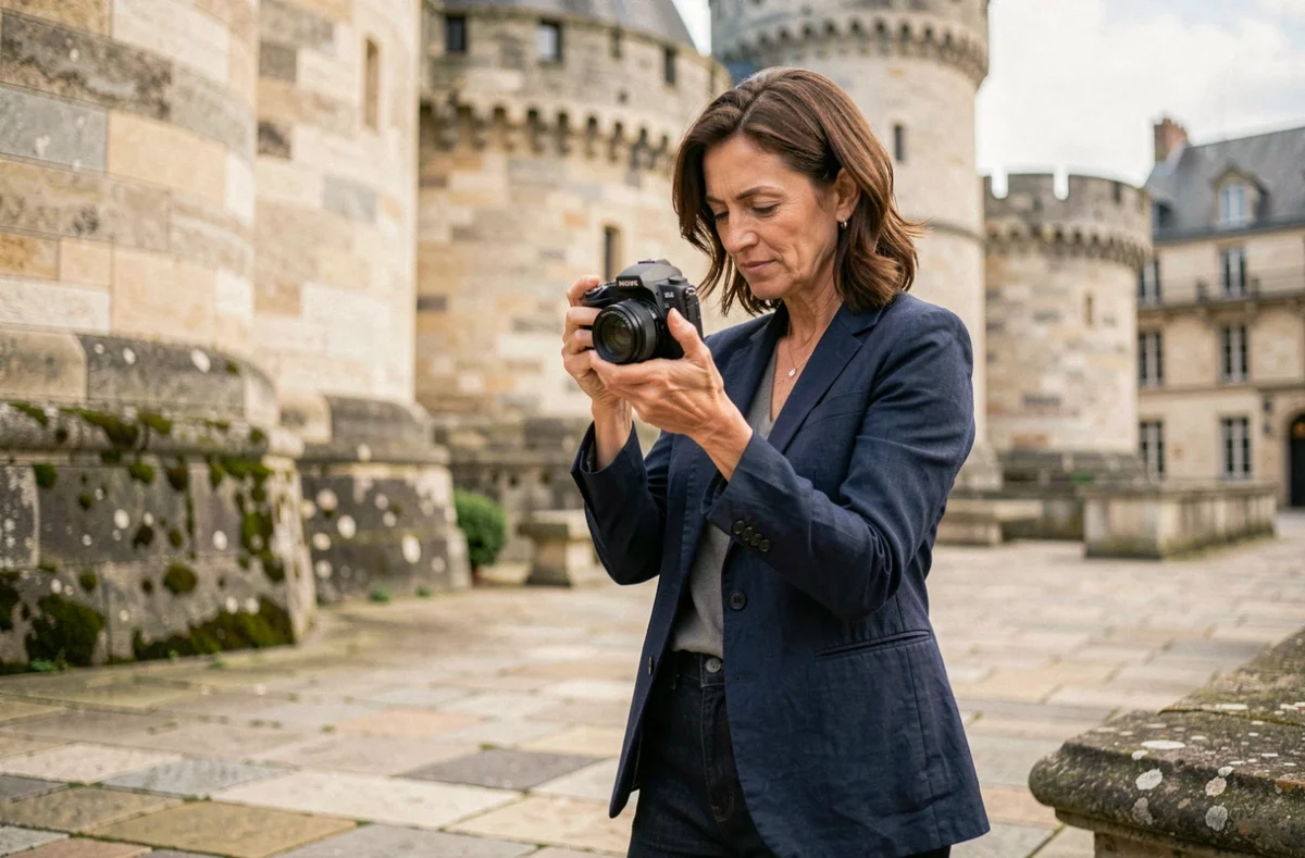 Photographe professionnelle devant le Château de Vincennes consultant son appareil photo lors d'une séance