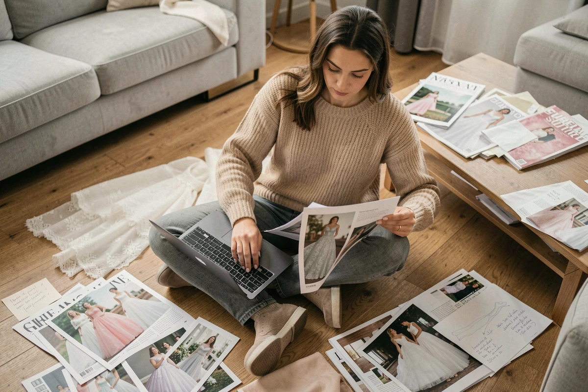 Femme planifiant sa robe de mariée couture à prix réduit entourée de magazines de mariage et d'échantillons de tissus dans son appartement