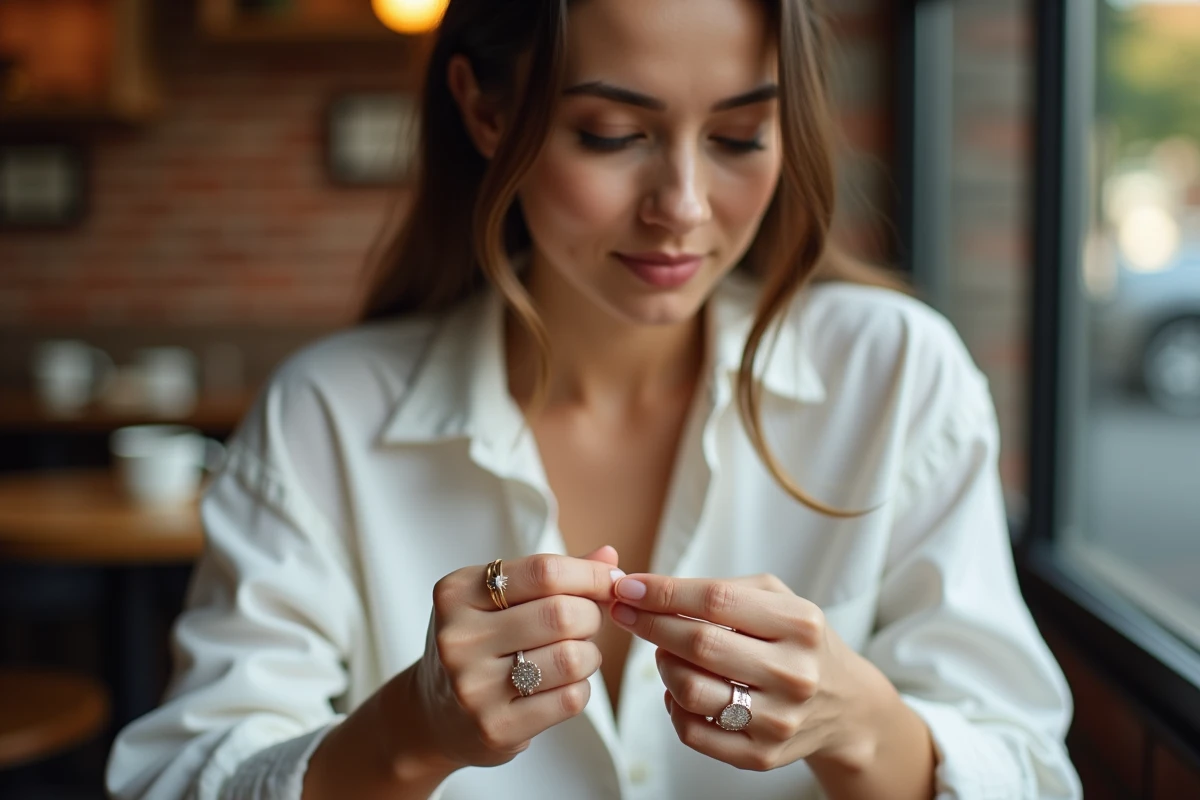 Jeune femme enfilant une bague en or sur son doigt dans un café avec plusieurs bagues empilées